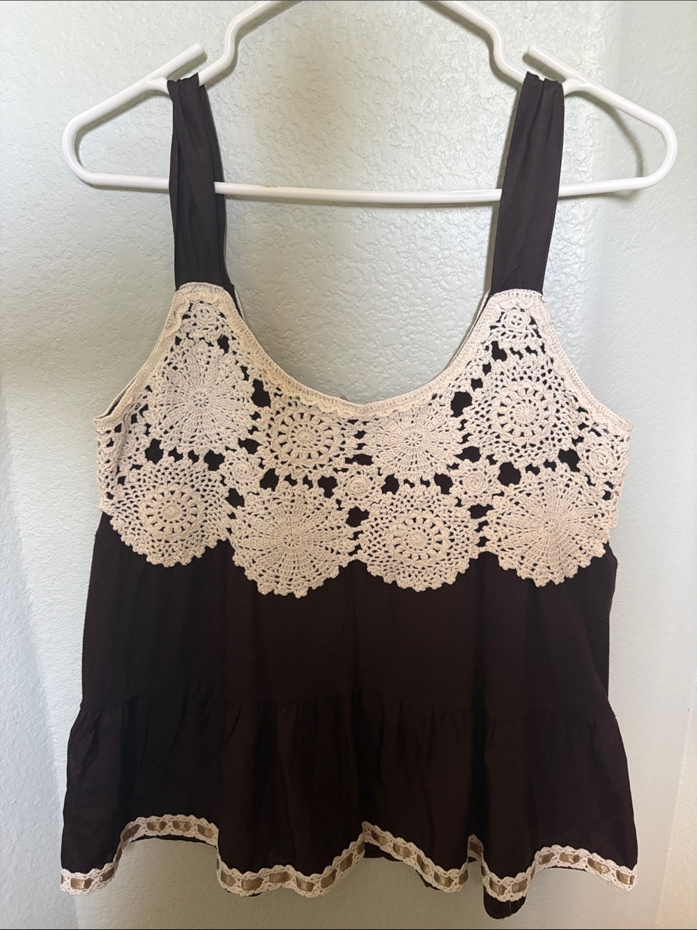 Anthropologie Little Yellow Button Brown Tank with Cream Crochet Yoke - Picture 7 of 7